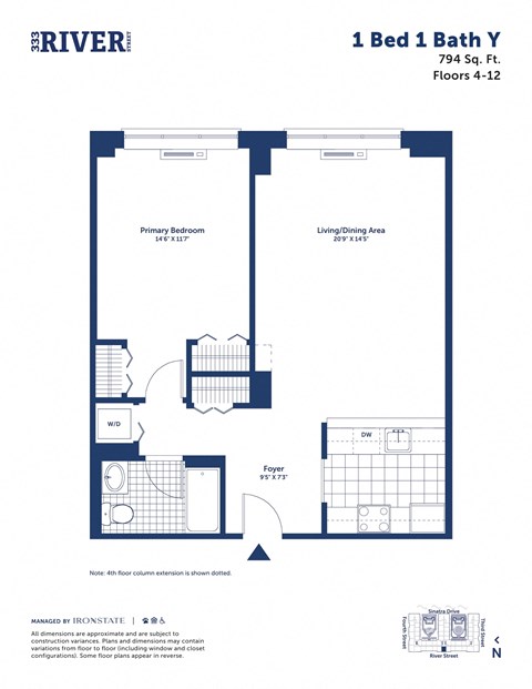 Floor plan for 1 bed, 1 bath, 794 sqft